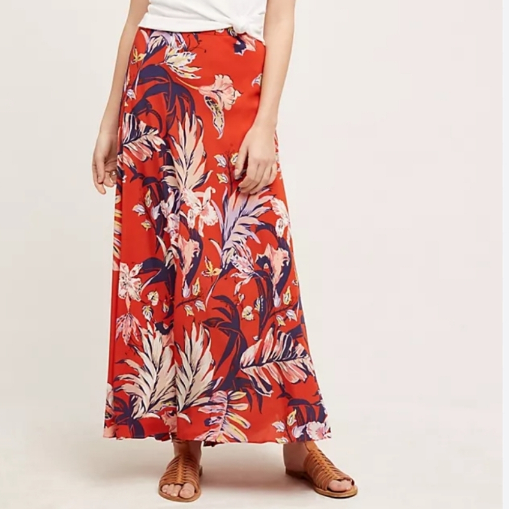 Anthroplogie HD In Paris Paso Robles Red Floral 100% Silk Skirt Sz 12 Lagenlook